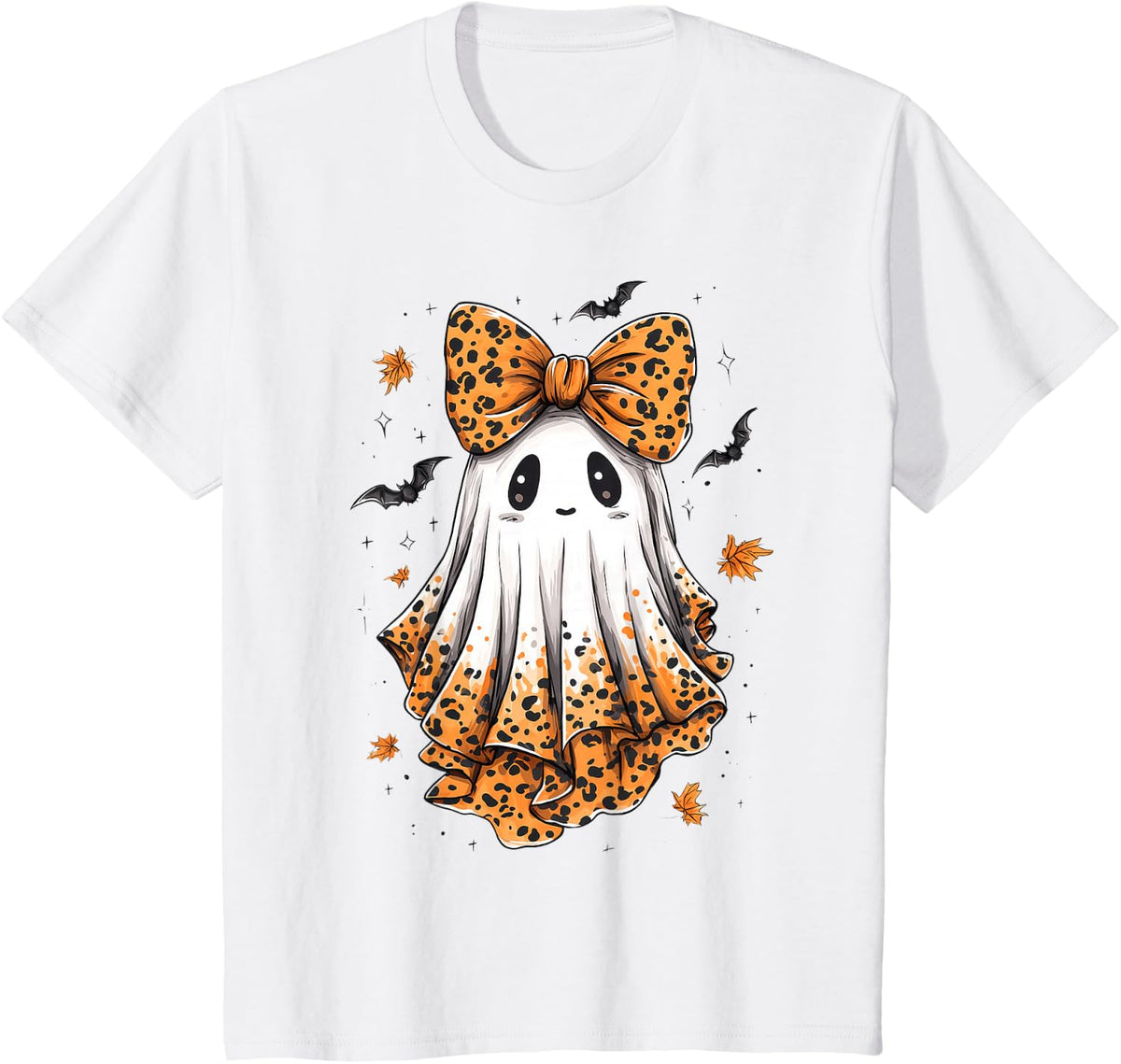 Halloween Leopard Ghost Boo Spooky Coquette Bow T-Shirt - White