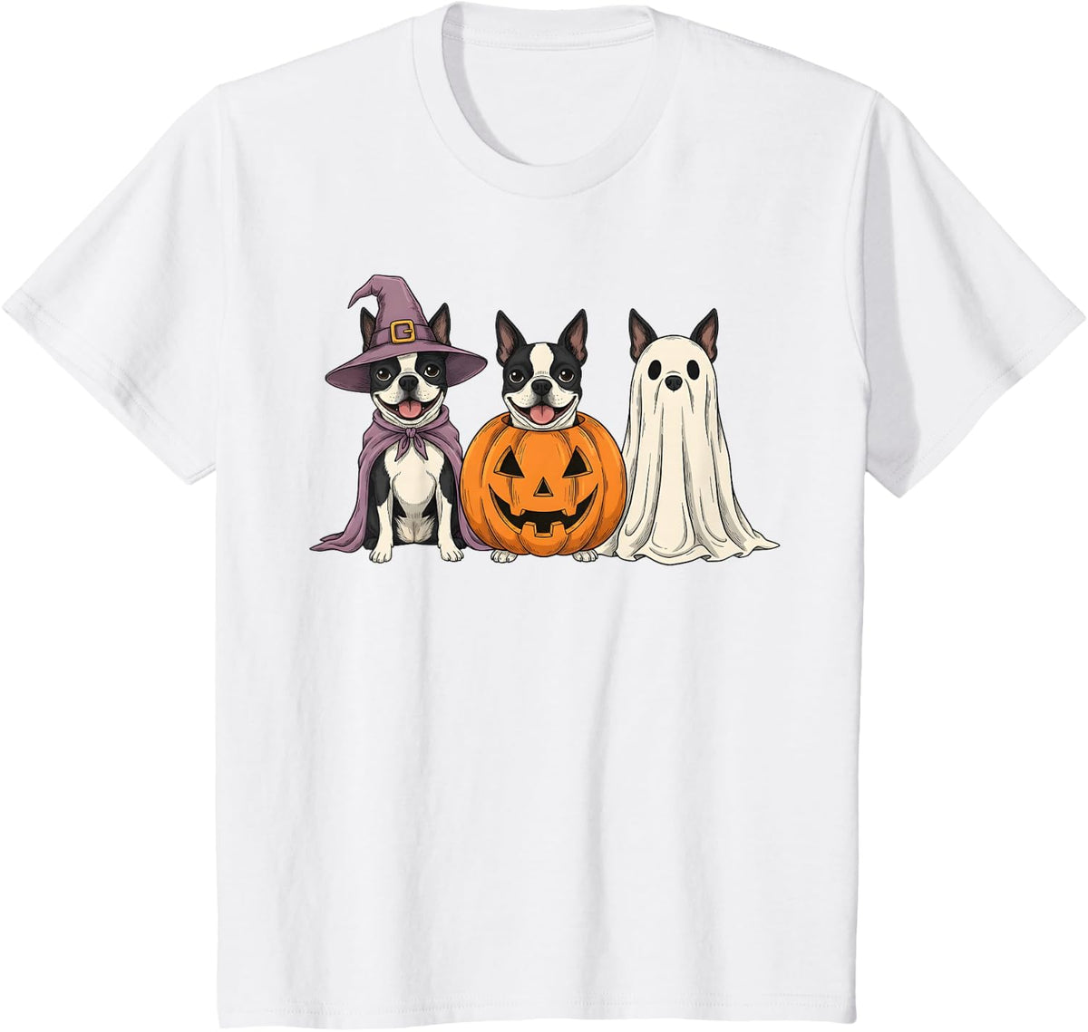 Spooky Ghost Boston Terrier Pumpkin Halloween Dog Lover T-Shirt - White