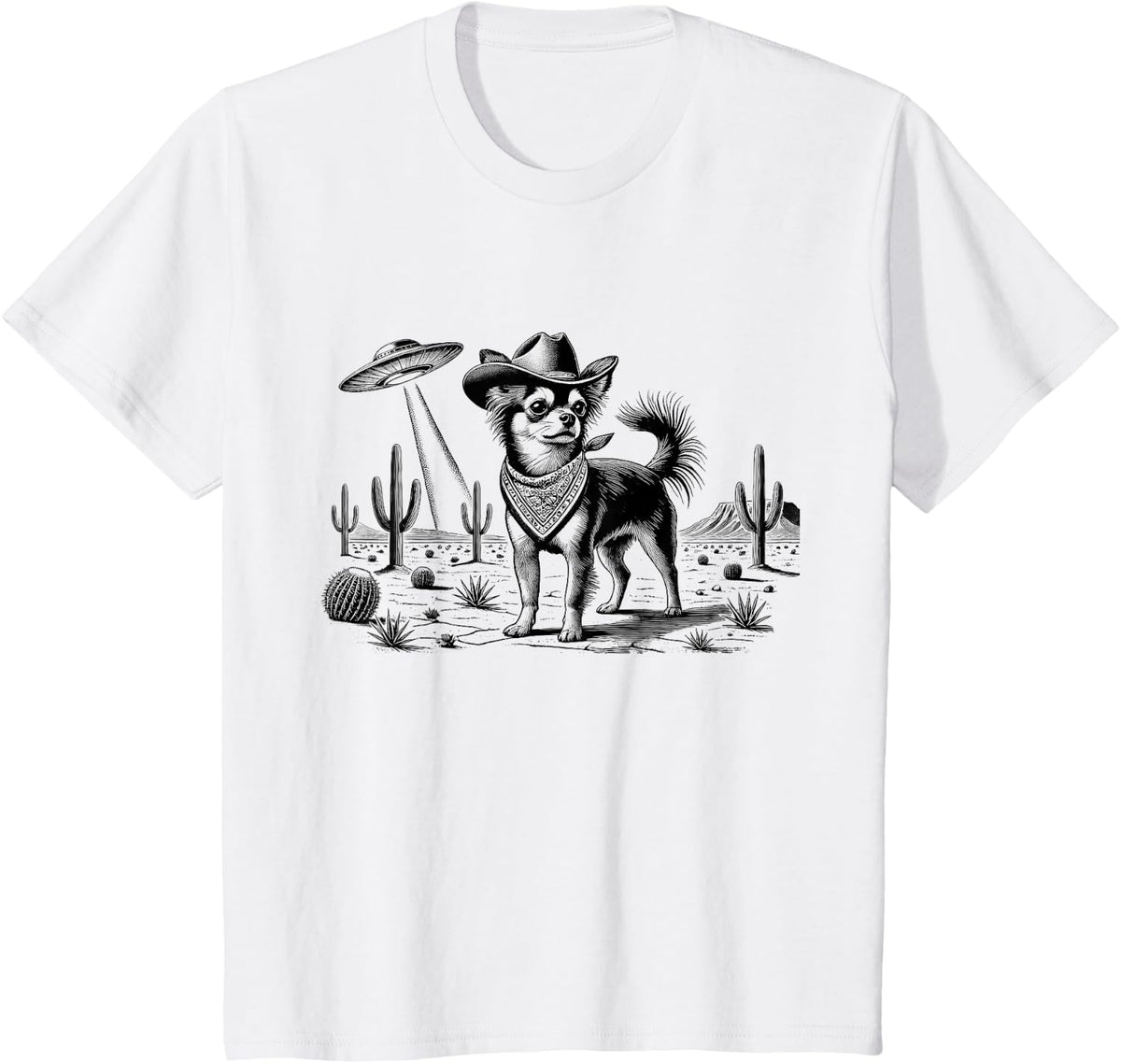 Vintage Chihuahua UFO Western Cowboy Wild West Dog Mom Dad T-Shirt - White