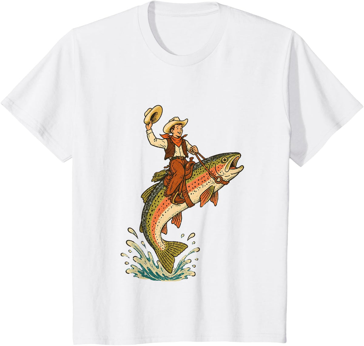 Cowboy Riding Rainbow Trout Rodeo Angler Dad T-Shirt - White