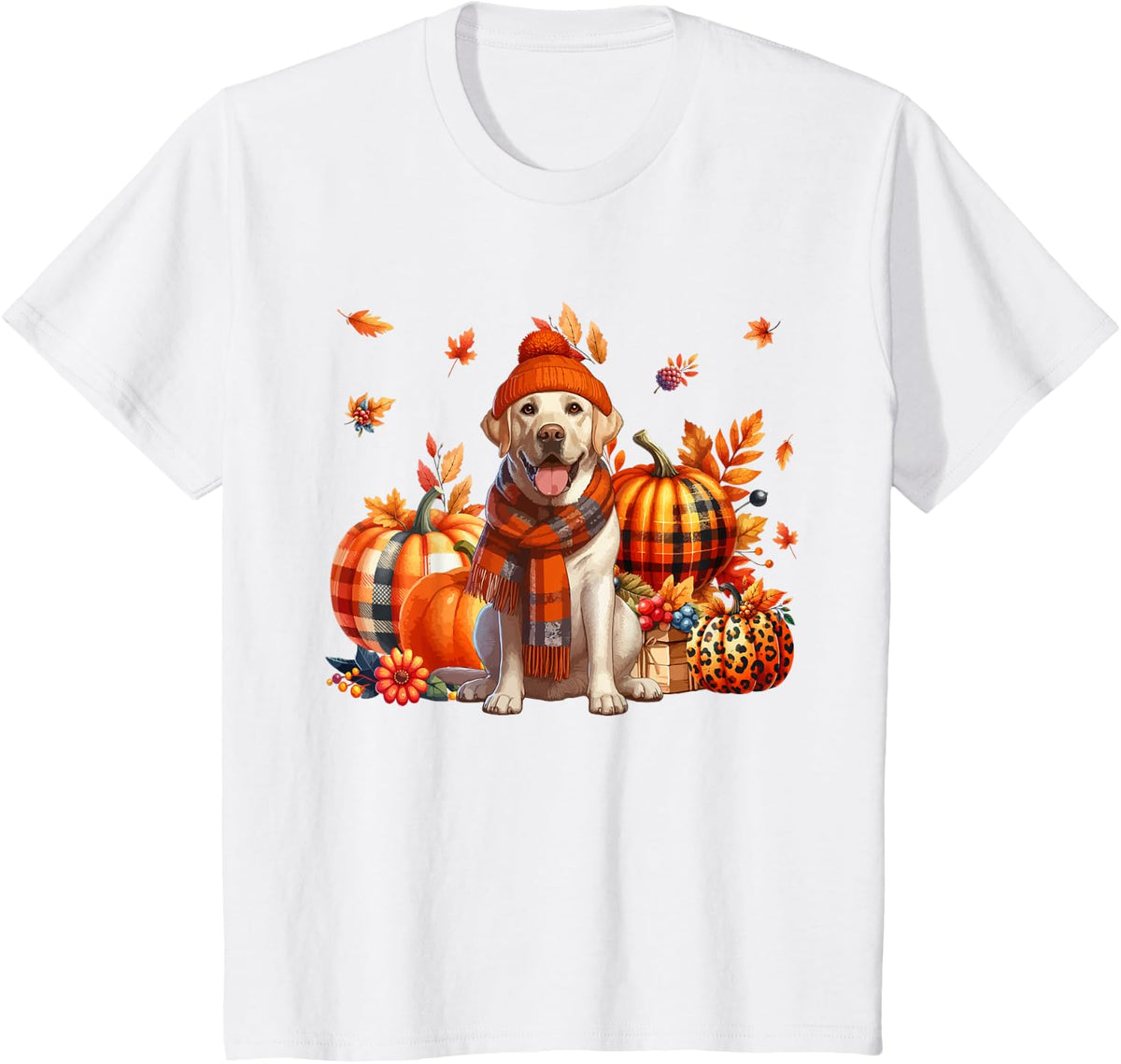Labrador Retriever Thanksgiving Leopard Pumpkins Fall Leaves Tees T Shirts - White