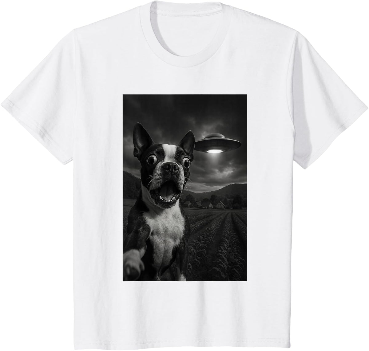 Boston Terrier UFO Encounters Selfie T-Shirt - White
