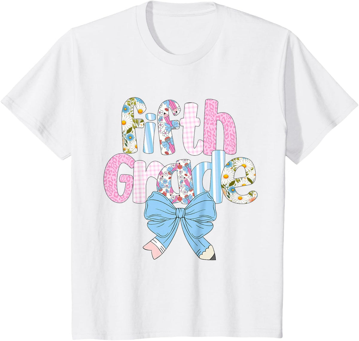 Preppy Fifth Grade Teacher Blue Floral Coquette Pencil Bow T-Shirt - White