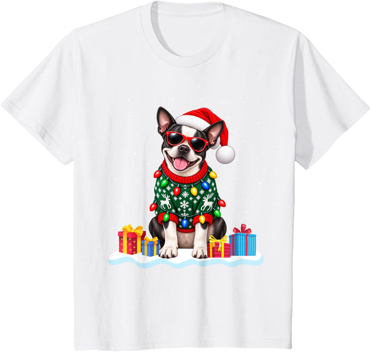 Boston Terrier Christmas Sweater Santa Hat Xmas Pet Dog T-Shirt - White
