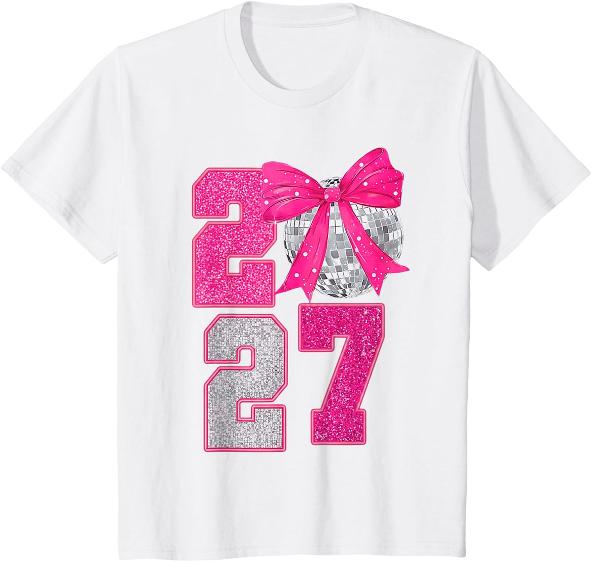 Happy New Year 2027 Disco Ball Pink Coquette Bow Family T-Shirt - White