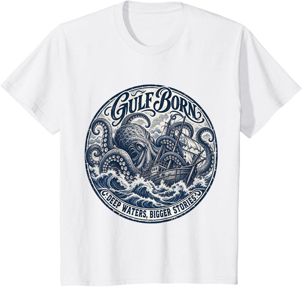 Vintage Kraken Sea Monster vs Fishing Boat Gulf Coast T-Shirt - White