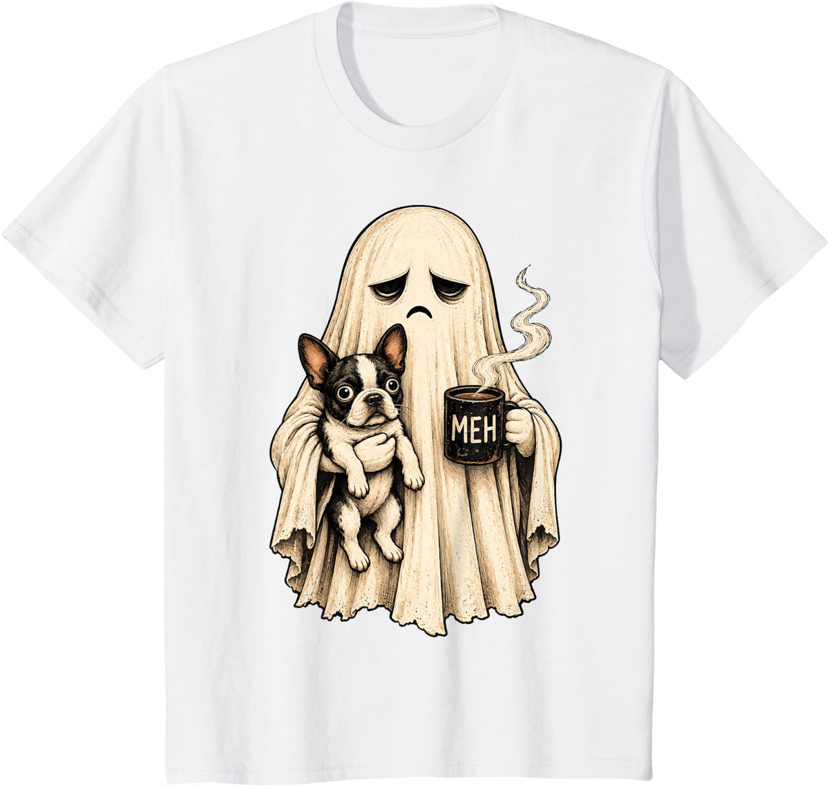 Grumpy Ghost Boston Terrier Holding Coffee Spooky Design T-Shirt - White