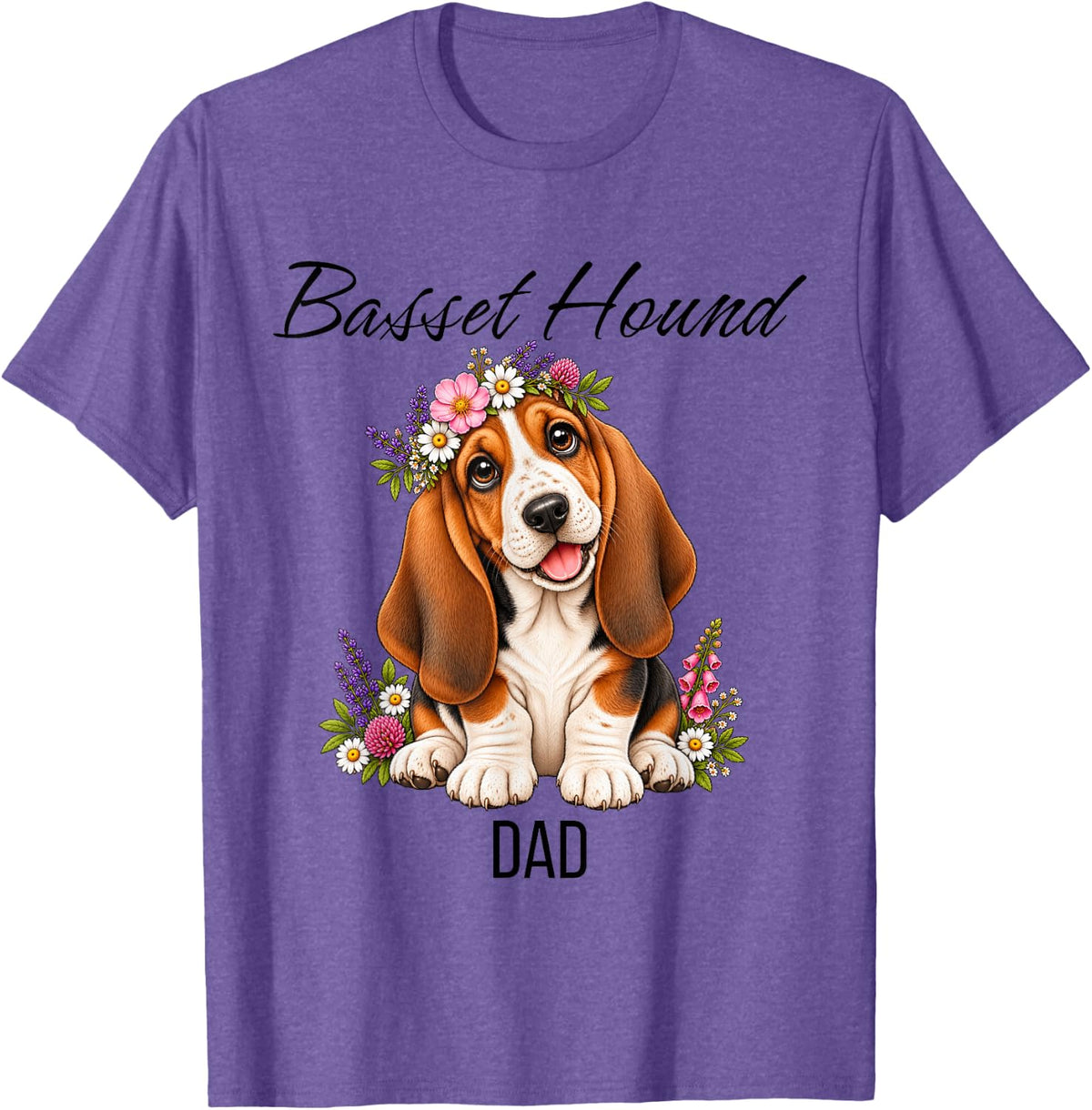 Basset Hound Dad Cute Floral Puppy Crown Flowers Dog T-Shirt - Purple Heather