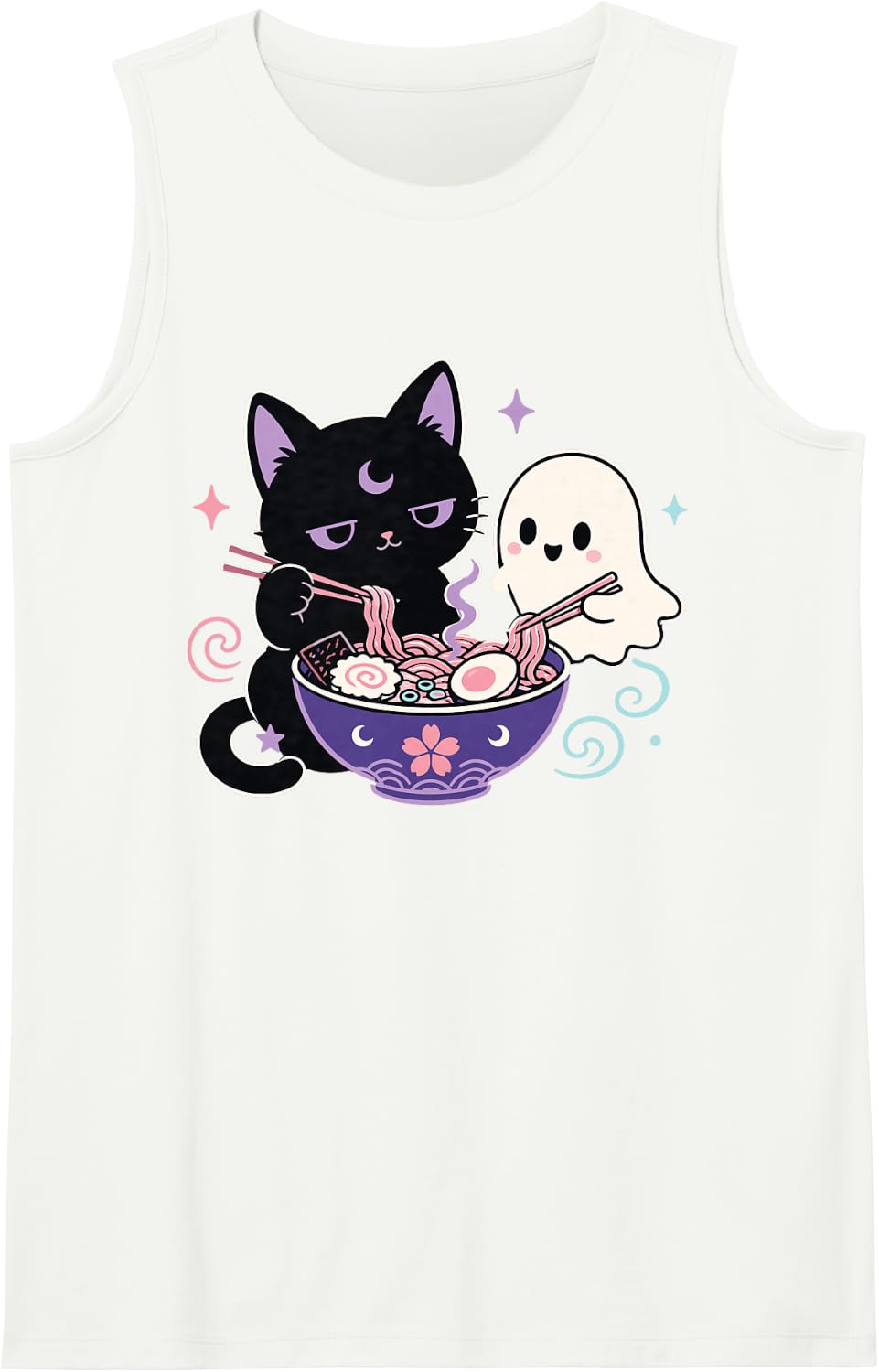 Creepy Kawaii Black Cat Ghost Eating Ramen Pastel Goth Sleeveless Tank Top - White