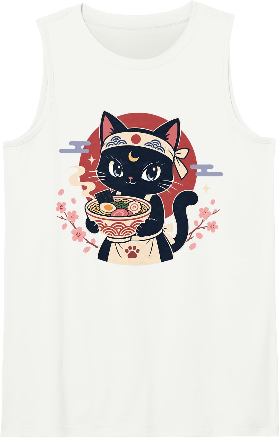 Cute Black Cat Ramen Chef Sleeveless Tank Top - White