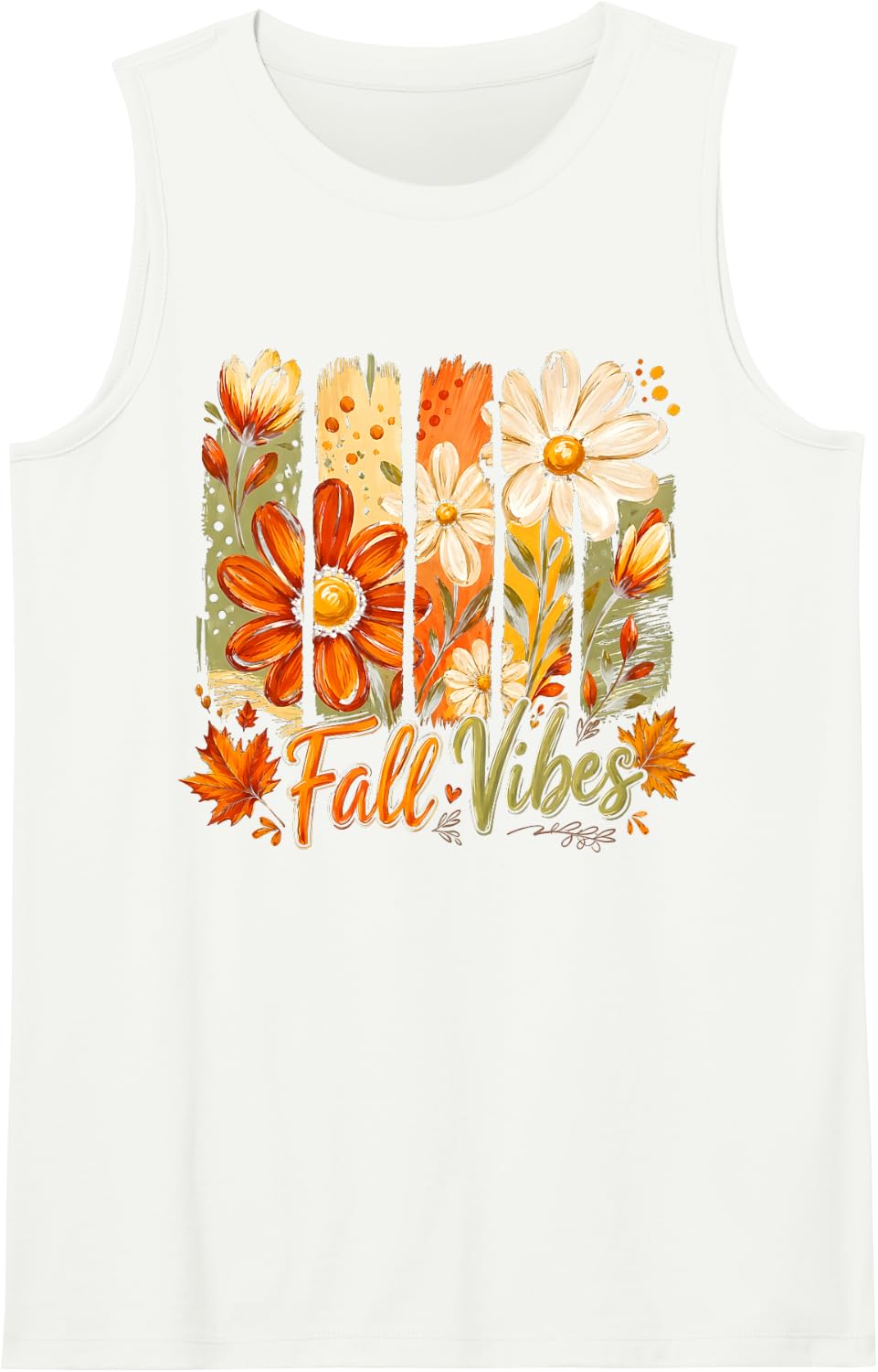 Cute Fall Vibes Autumn Daisy Leaves Boho Floral Thanksgiving Sleeveless Tank Top - White
