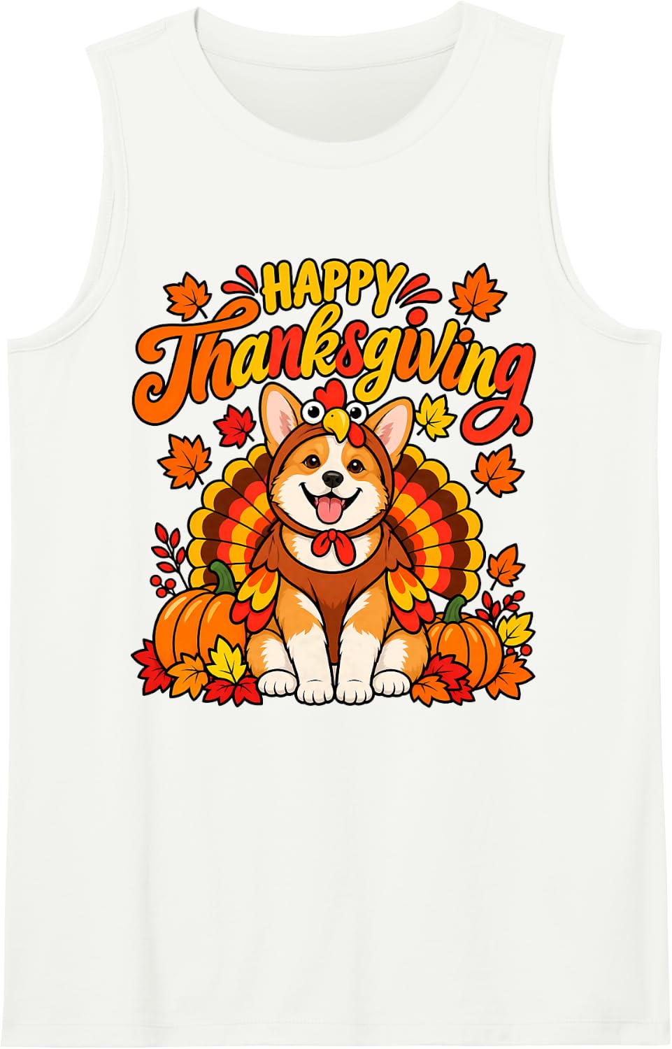 Happy Thanksgiving Corgi Dog Turkey Day Fall Women Men Kids Sleeveless Tank Top - White