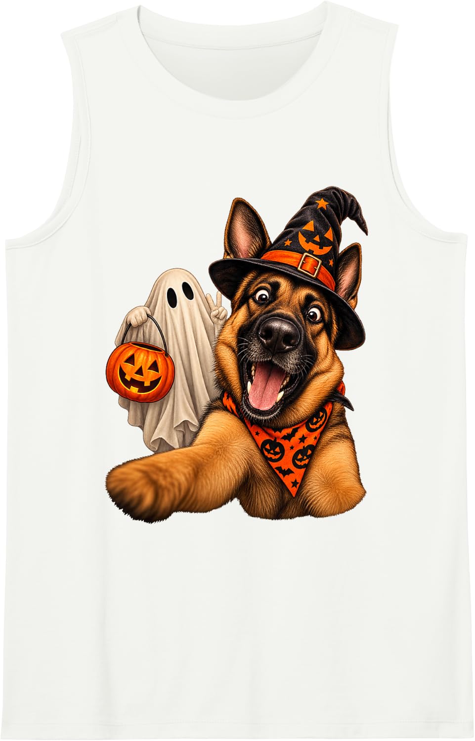 Funny Witch Ghost Selfie Dog German Shepherd Halloween Tank Top - White
