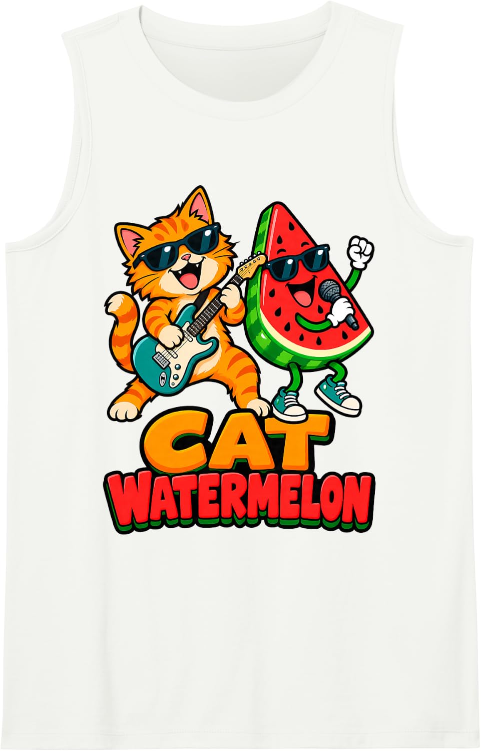 Cat Watermelon Funny Guitarist Singer Animal Fruit Music Duo Sleeveless Tank Top - White