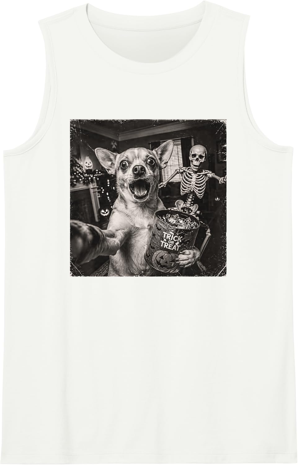 Halloween Chihuahua Selfie Scary Skeleton Dog Lover Spooky Sleeveless Tank Top - White