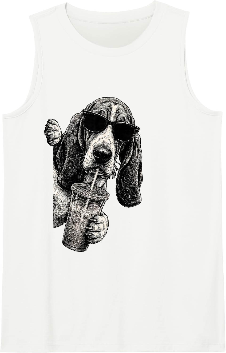 Basset Hound Dog Peeking Drinking Iced Coffee Humor Sleeveless Tank Top - White