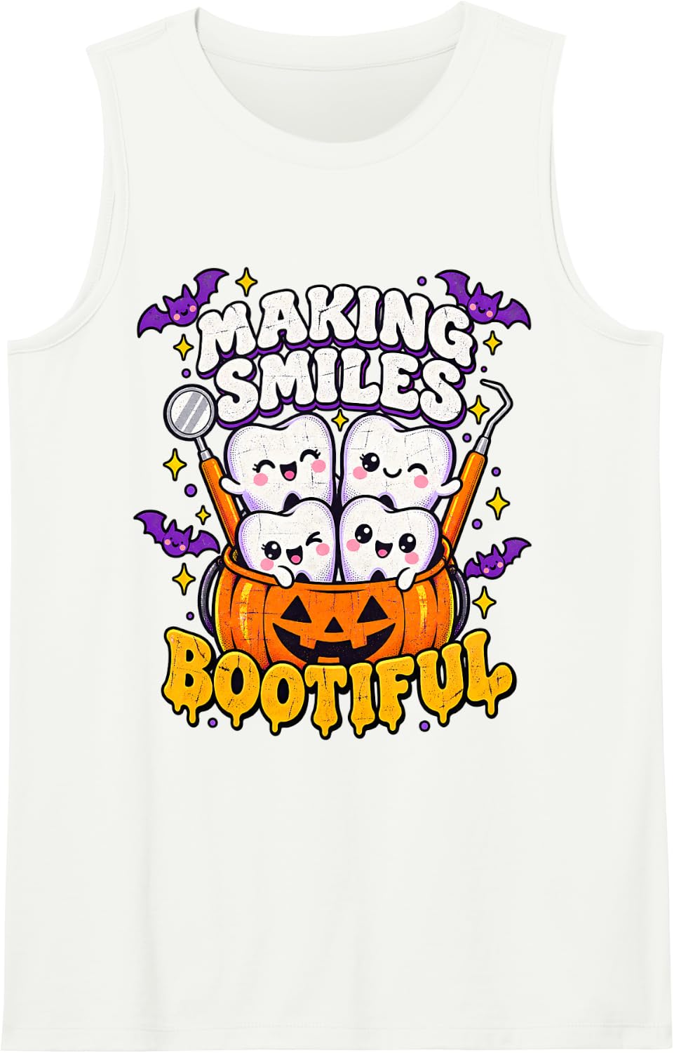 Dentist Smiles Bootiful Pumpkin Halloween Funny Dental Sleeveless Tank Top - White