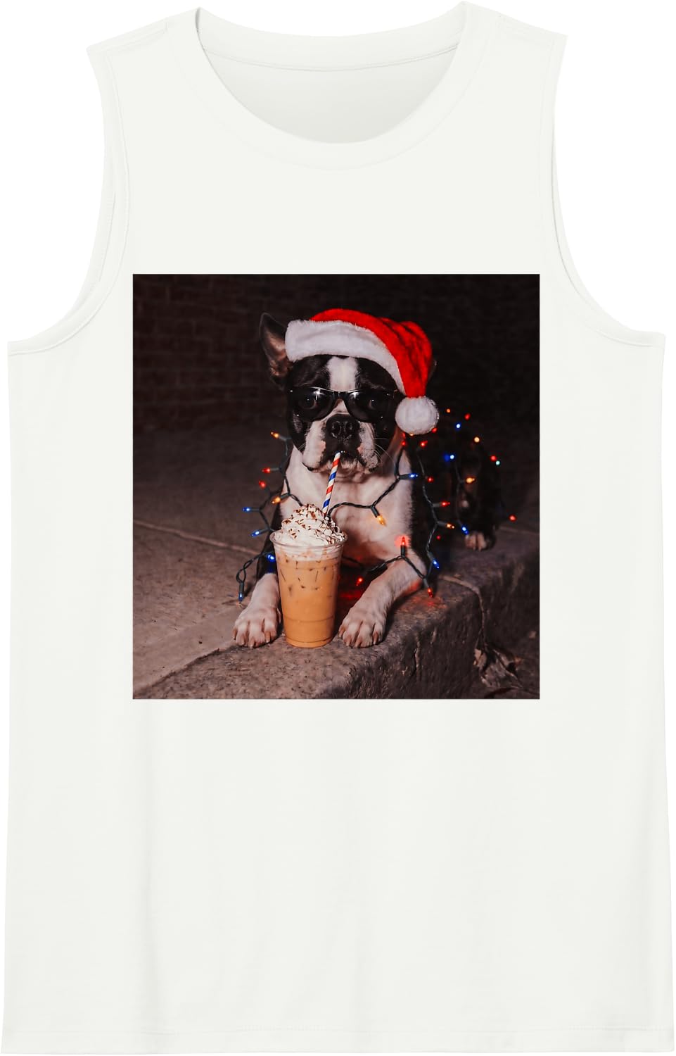 Cool Boston Terrier Santa Hat Iced Coffee Dog Xmas Lights Sleeveless Tank Top - White