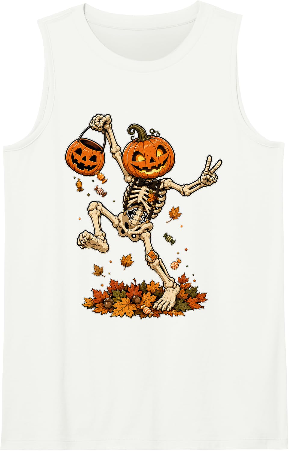 Spooky Season Jack O Lantern Pumpkin Skeleton Halloween Tank Top - White