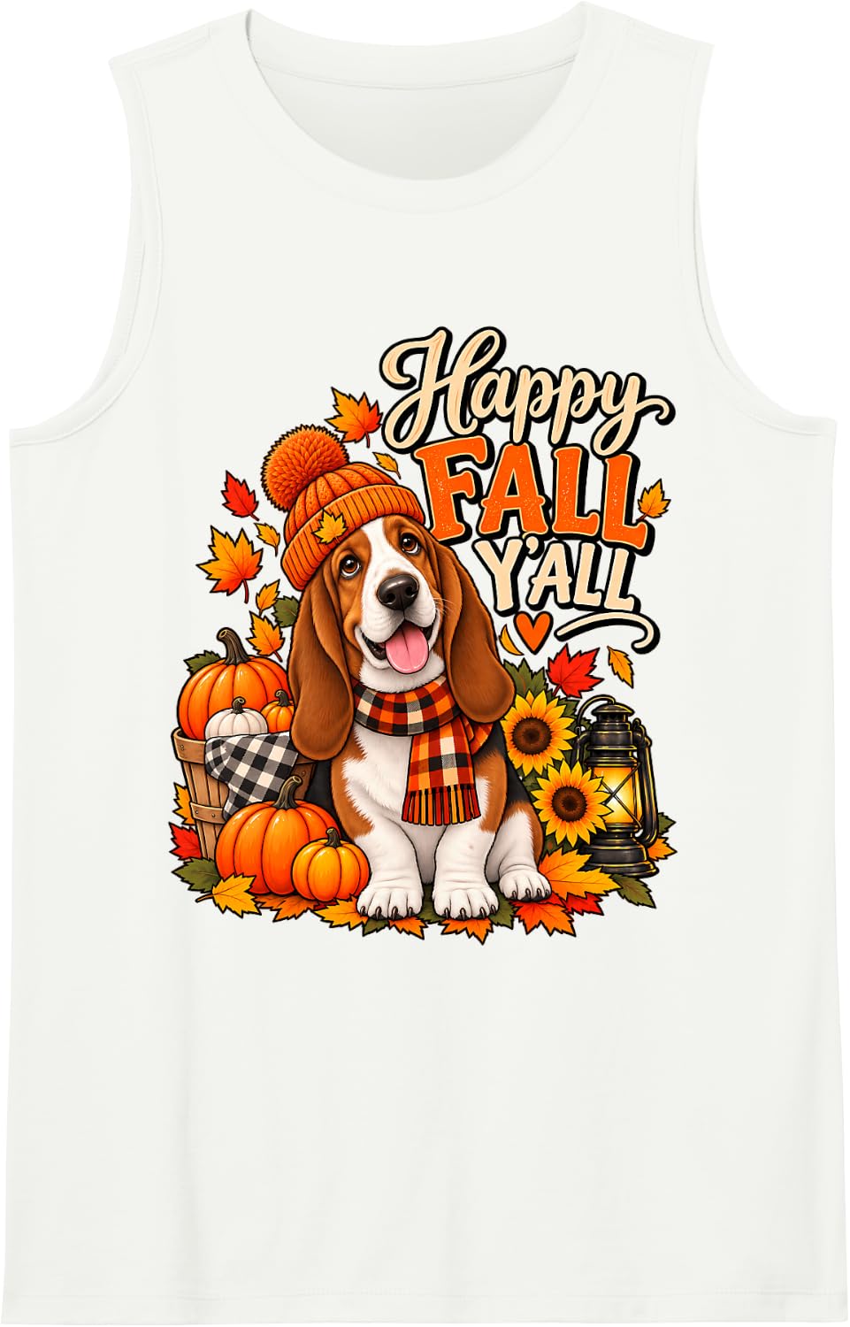 Happy Fall Y'all Basset Hound Dog Scarf Autumn Leaves Sleeveless Tank Top - White