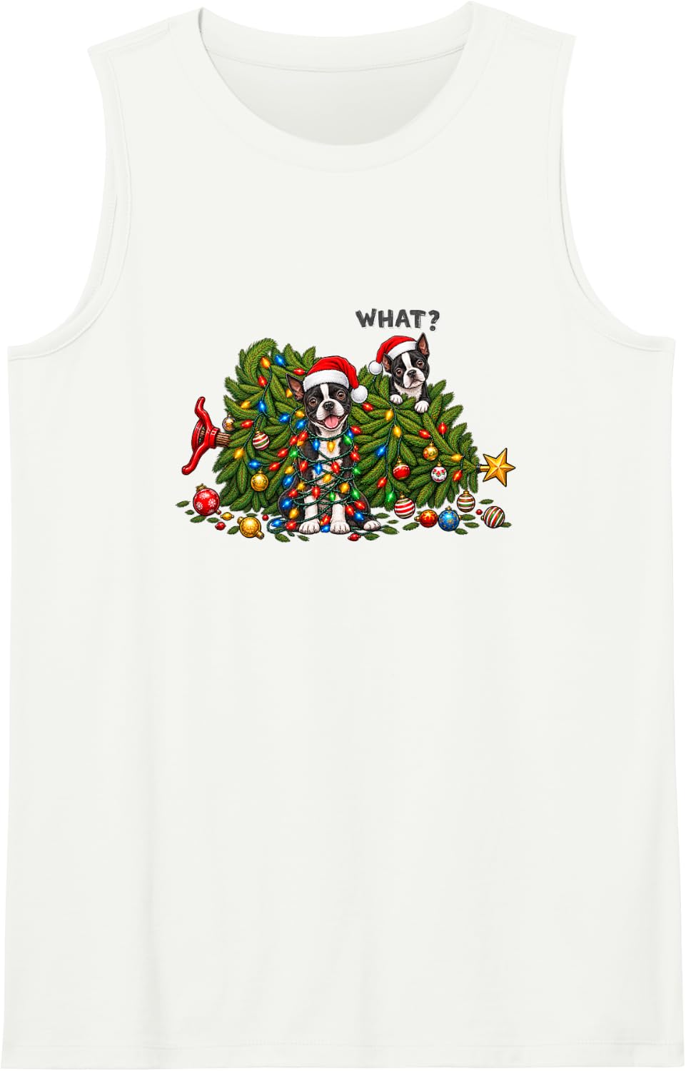 Boston Terrier Christmas Tree Santa Hats Funny Holiday Sleeveless Tank Top - White