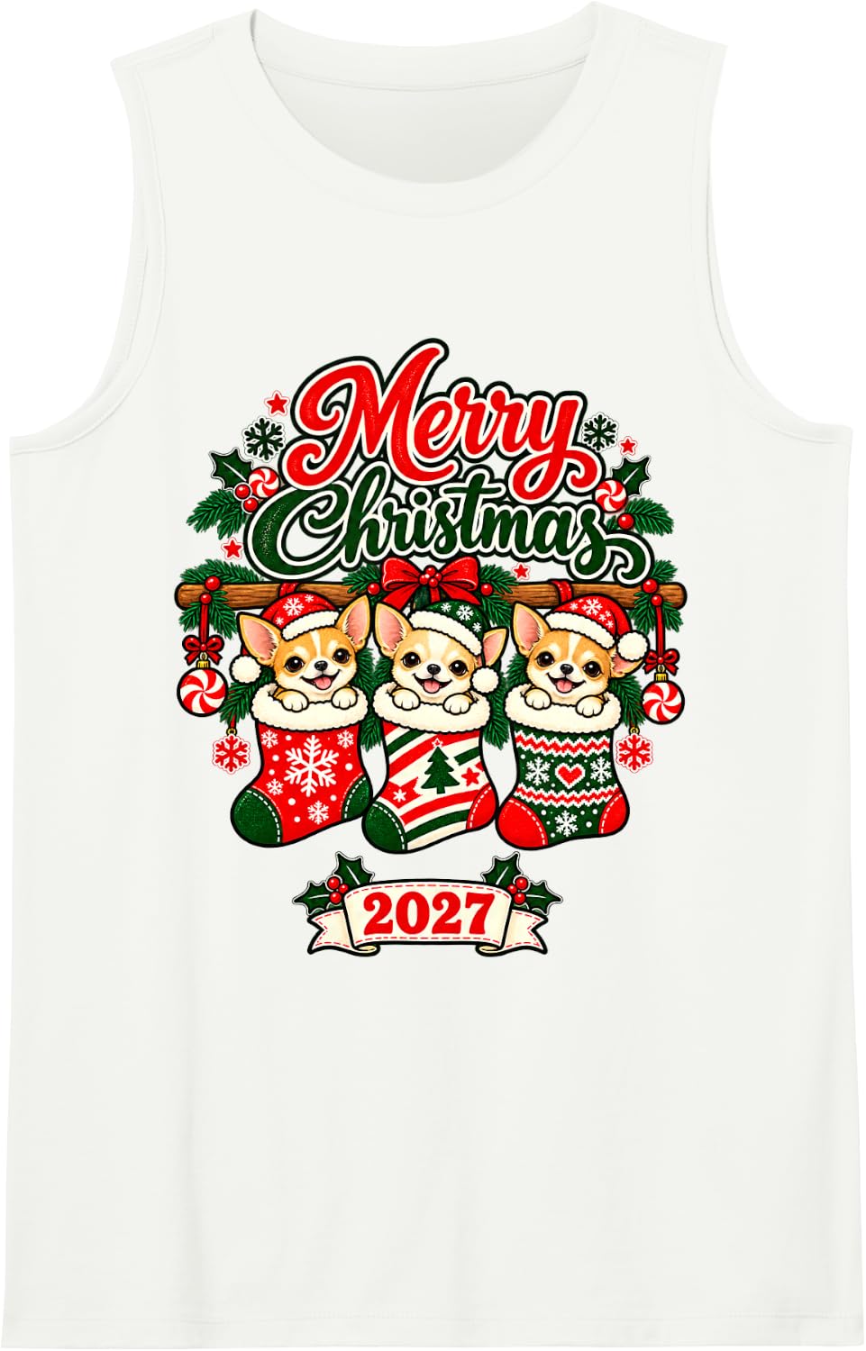 Merry Christmas 2027 Happy Chihuahua in Stockings Men Women Sleeveless Tank Top - White