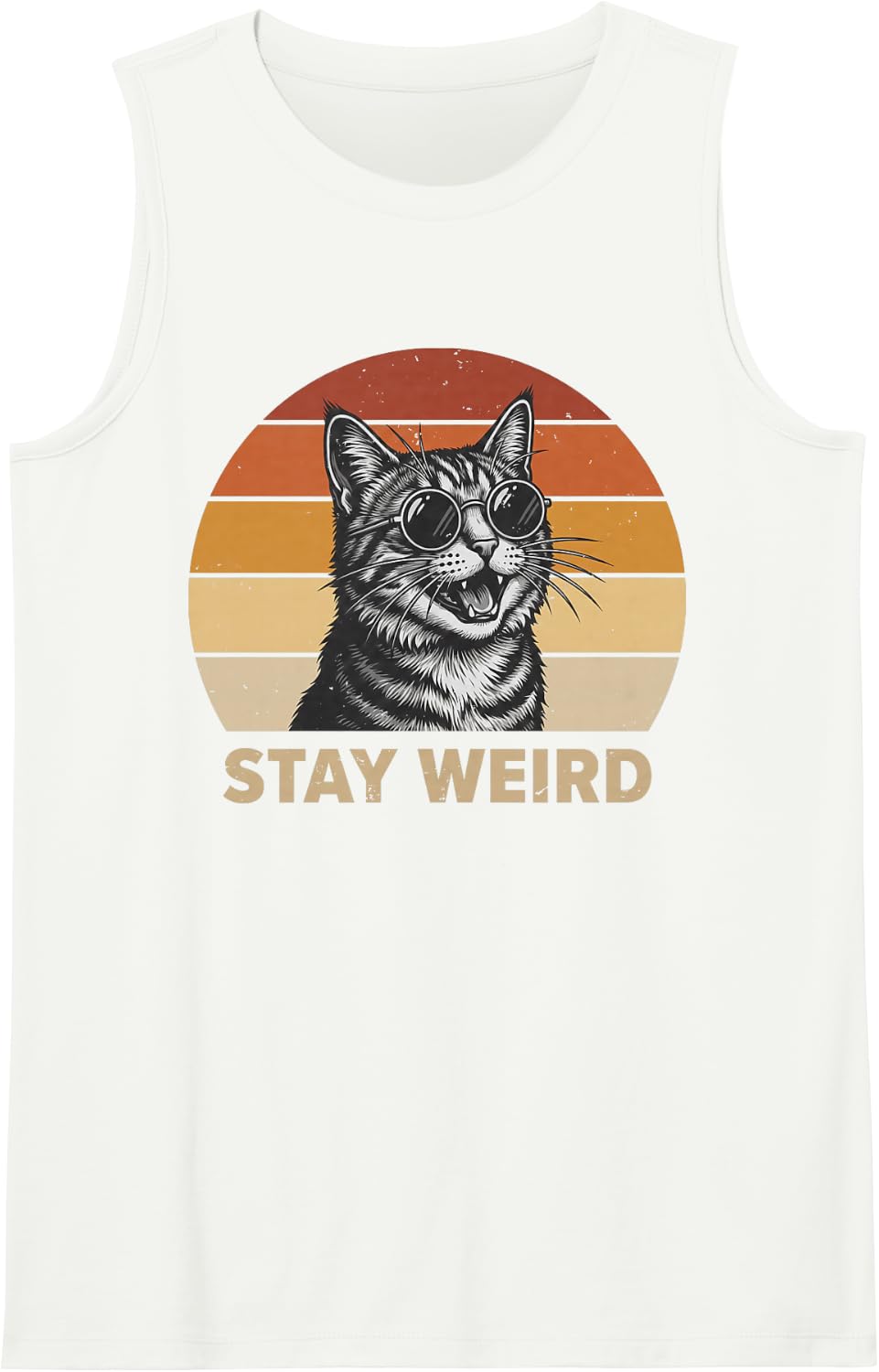 Vintage Art Stay Weird 80s Cat in Sunglasses Funny Laughing Sleeveless Tank Top - White