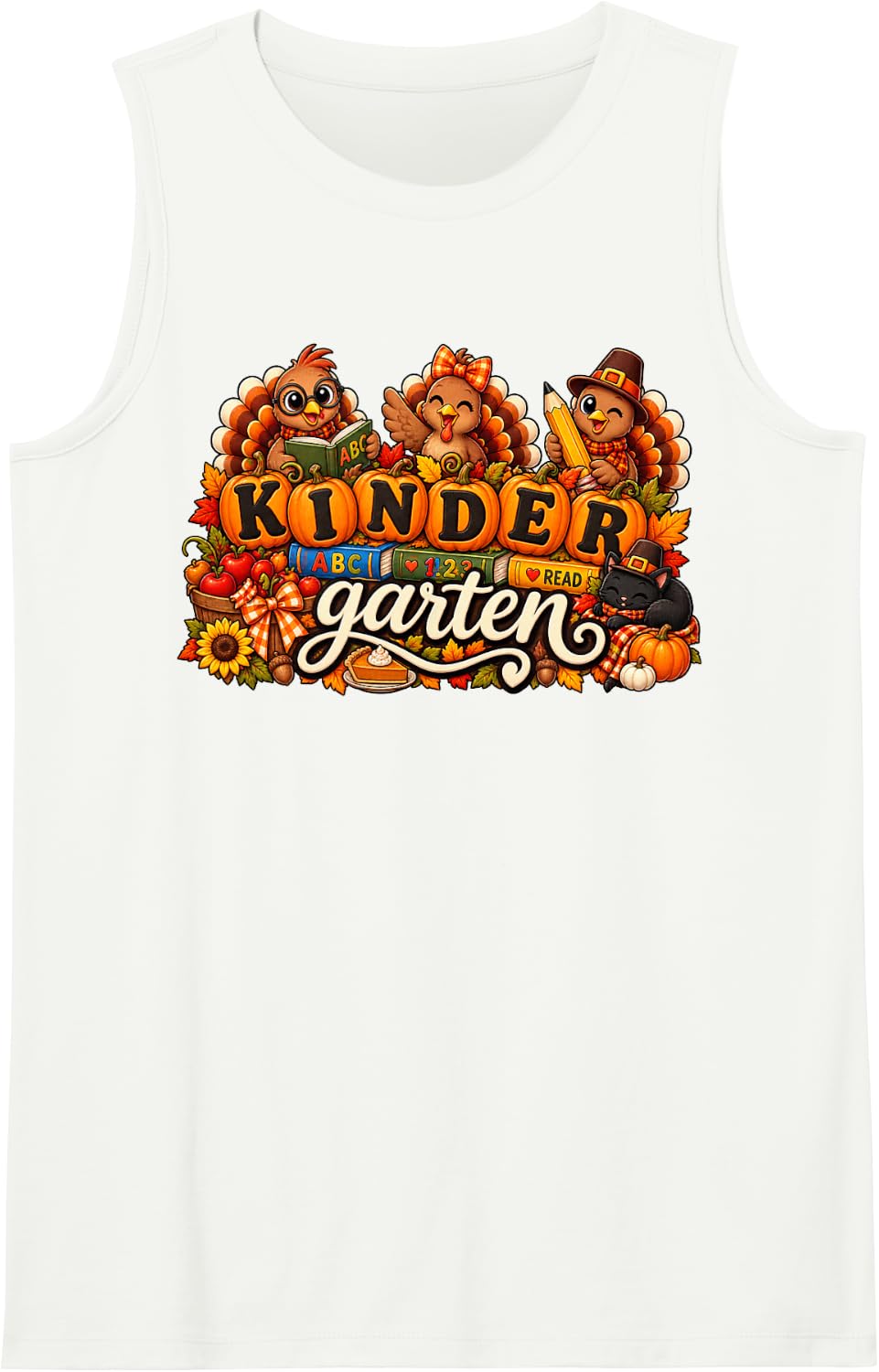 Thanksgiving Kindergarten Teacher Turkey Pumpkin Sleeveless Tank Top - White