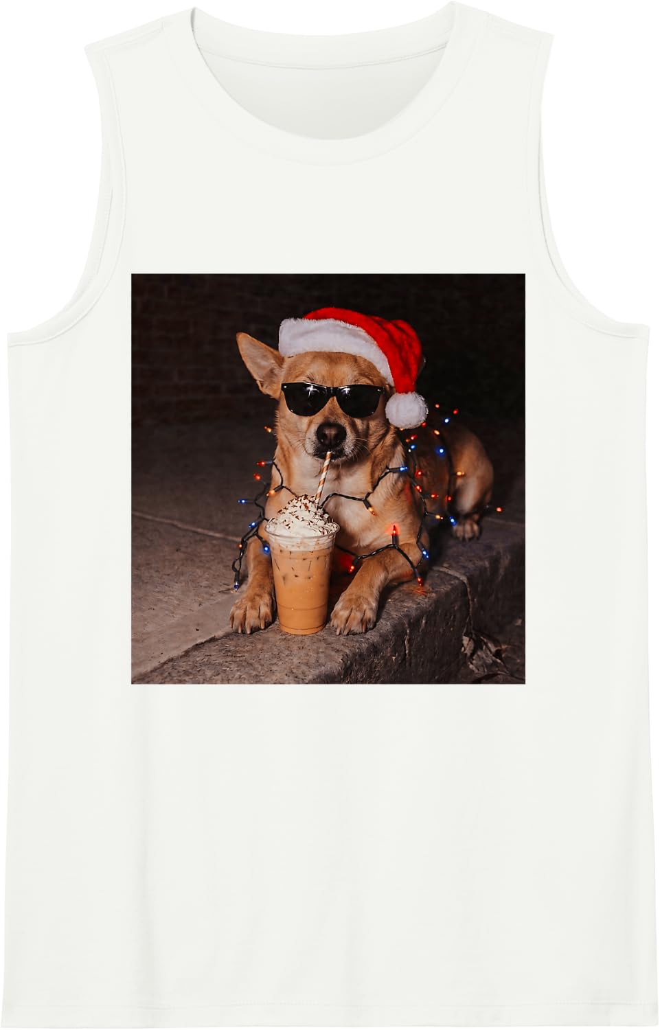 Cool Chihuahua Santa Hat Iced Coffee Dog Christmas Lights Sleeveless Tank Top - White