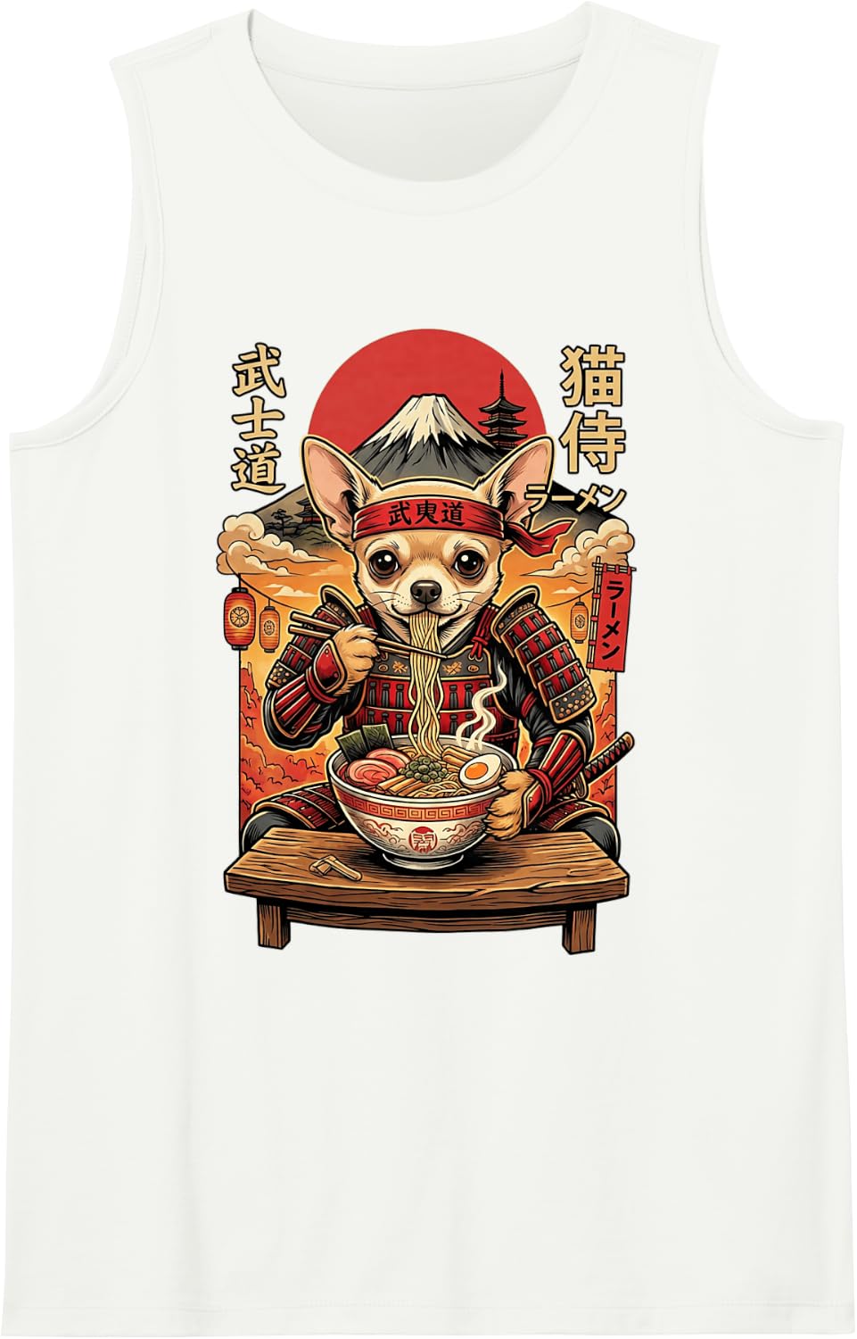 Chihuahua Dog Ramen Kawaii Japan Samurai Graphic Snack Sleeveless Tank Top - White