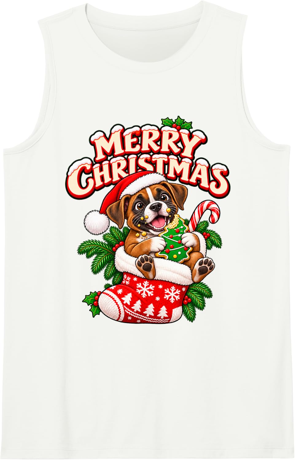 Merry Christmas Happy Boxer Cute Stocking Funny Sleeveless Tank Top - White