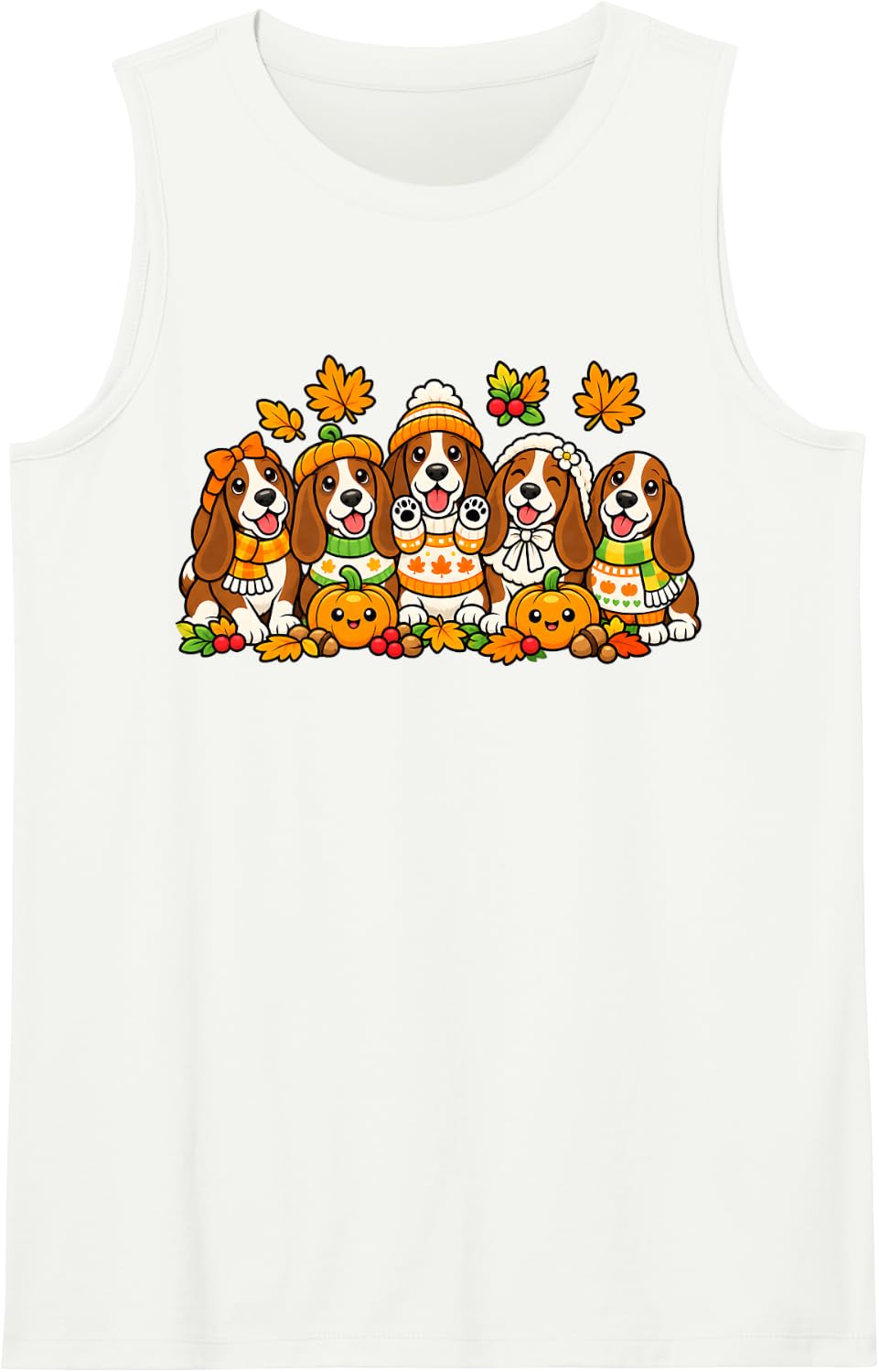 Cute Basset Hound Dog Pumpkin Coffee Fall Autumn Halloween Sleeveless Tank Top - White