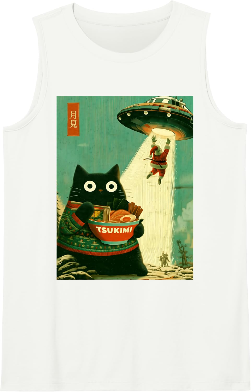 Funny Japanese Cat Eating Ramen Santa UFO Christmas Xmas Sleeveless Tank Top - White