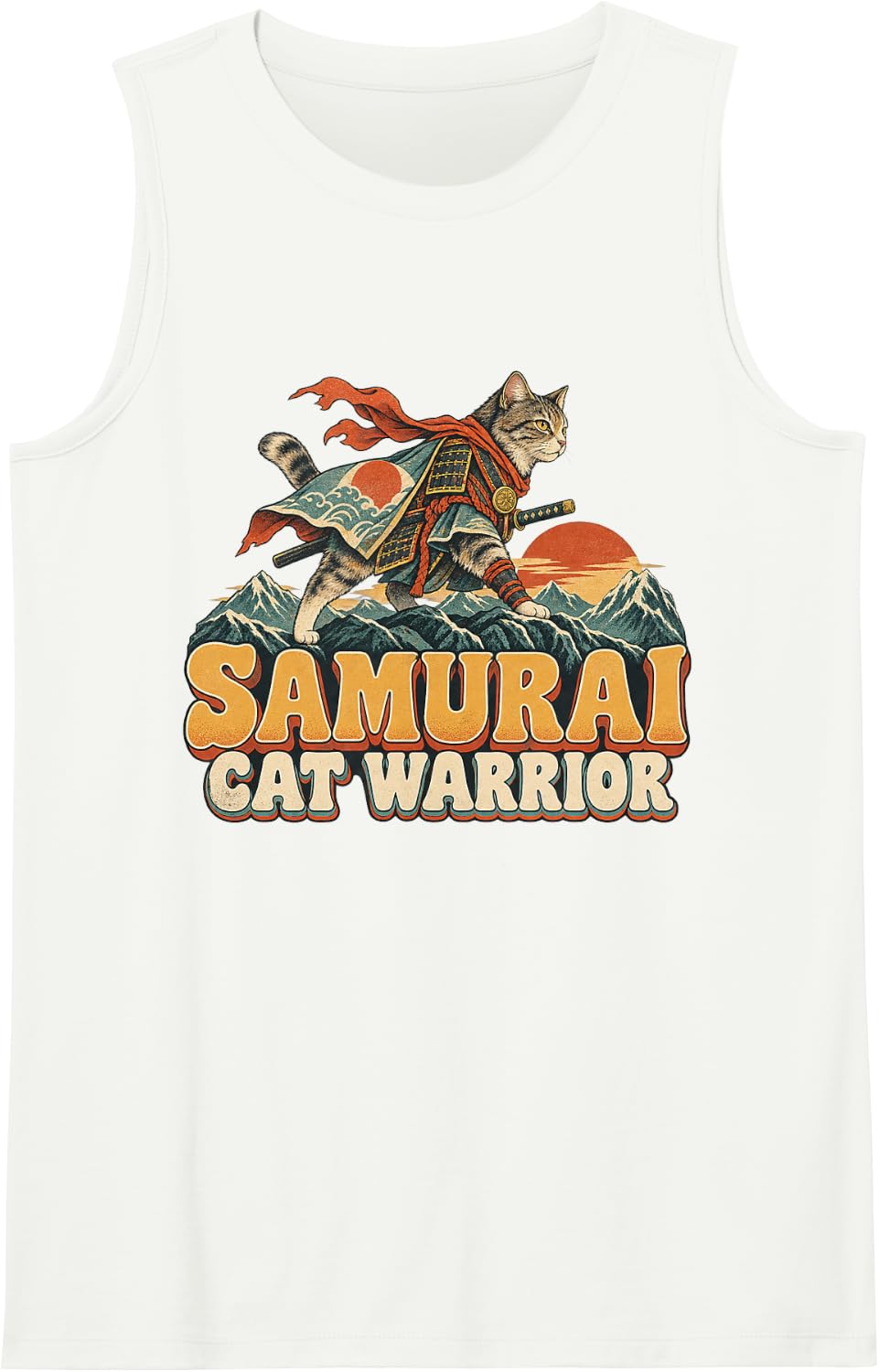 Samurai CAT Warrior Ukiyo Samurai cat Warrior Ink Graphic Sleeveless Tank Top - White