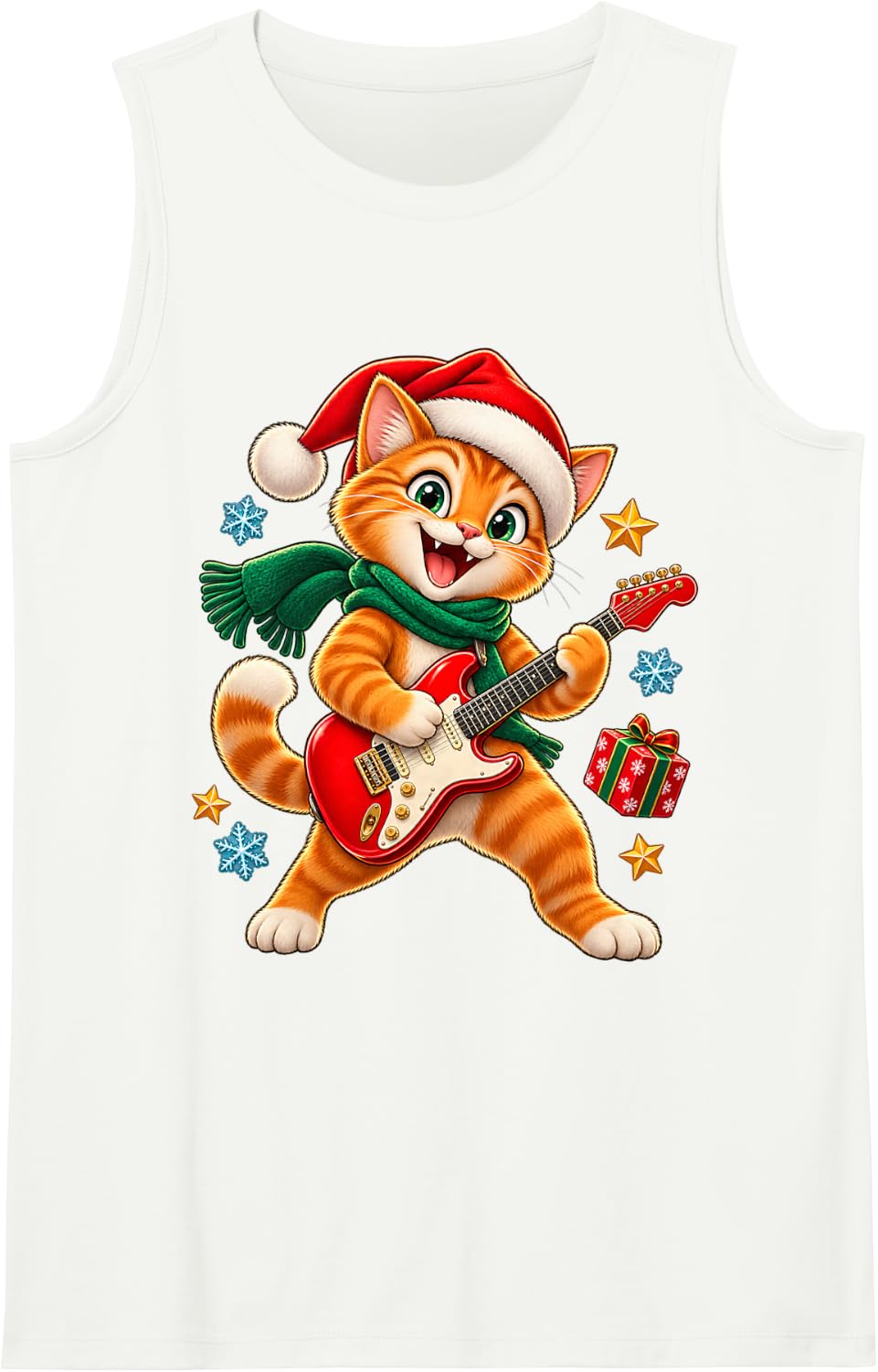 Christmas Cat Guitar Design for Kids Boys Girls Music Lovers Sleeveless Tank Top - White