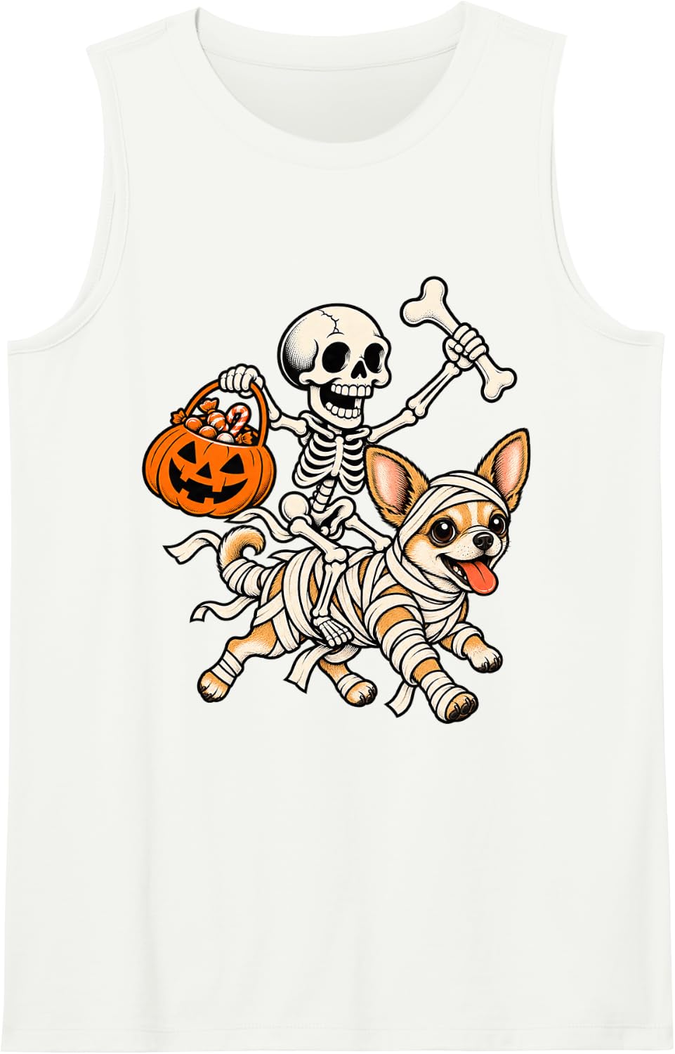 Skeleton Riding Mummy Chihuahua Dog Lovers Halloween Costume Sleeveless Tank Top - White
