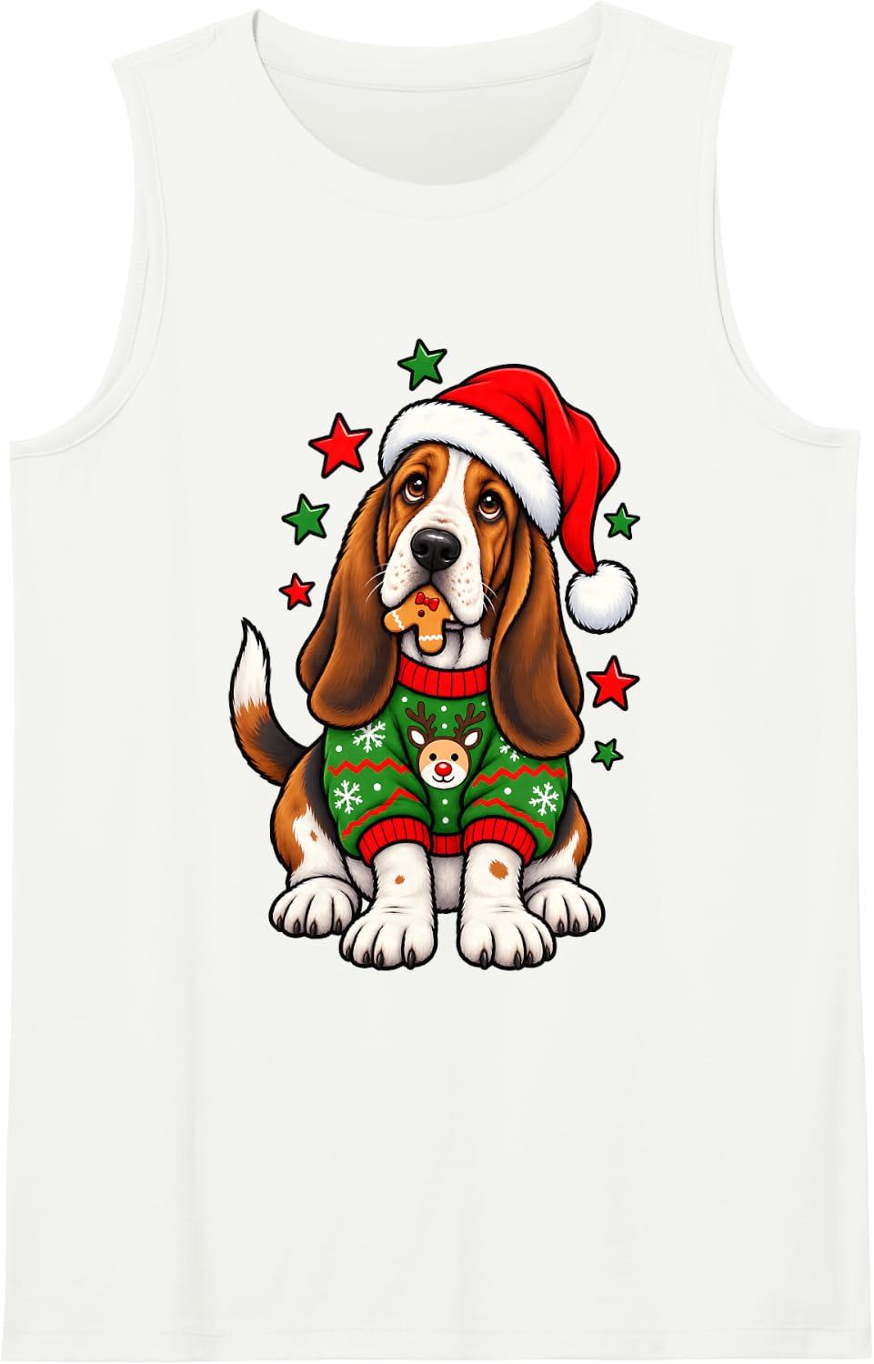 Santa Basset Hound Dog Holding Gingerbread Cookie Christmas Sleeveless Tank Top - White