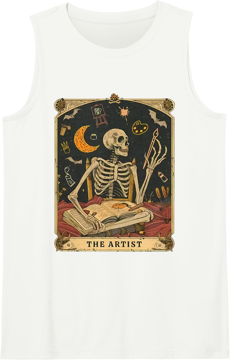 Funny Skeleton The Artist Tarot Card, Halloween Art Teacher Sleeveless Tank Top - White