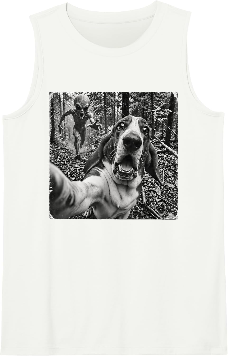 Basset Hound Selfie Running from Alien Funny Forest Sleeveless Tank Top - White