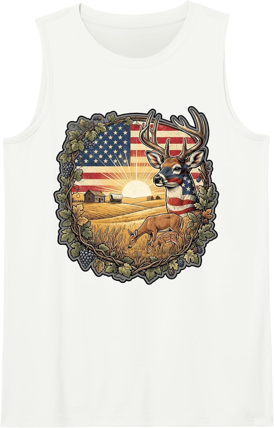 American Flag Deer Farm Sunset Wildlife Country Art Sleeveless Tank Top - White