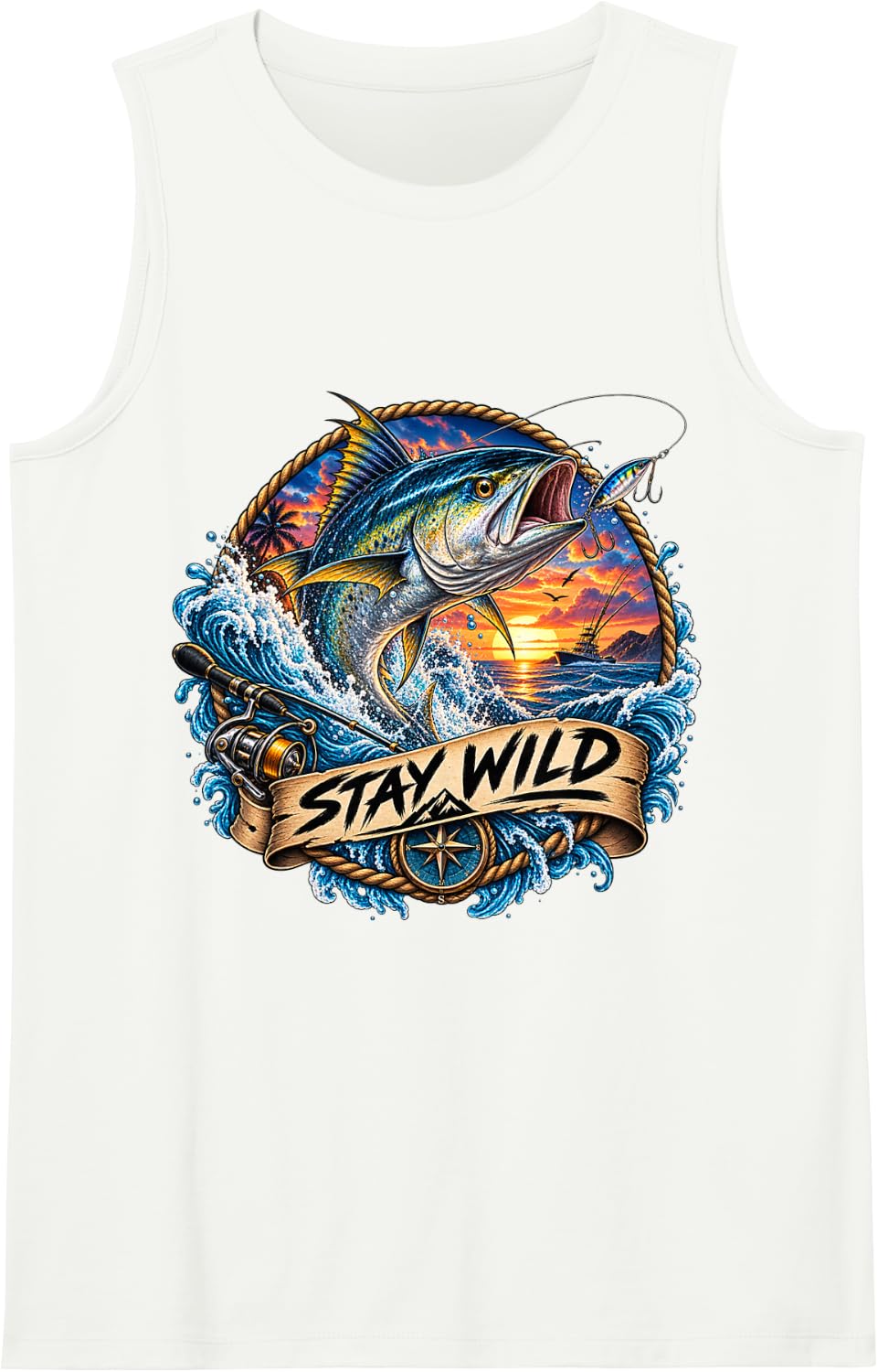Stay Wild Fishing Marlin Ocean Waves Sport Fisherman Tank Top - White
