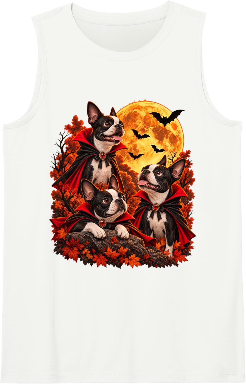 Boston Terrier Halloween Vampire Dogs Spooky Moon Sleeveless Tank Top - White