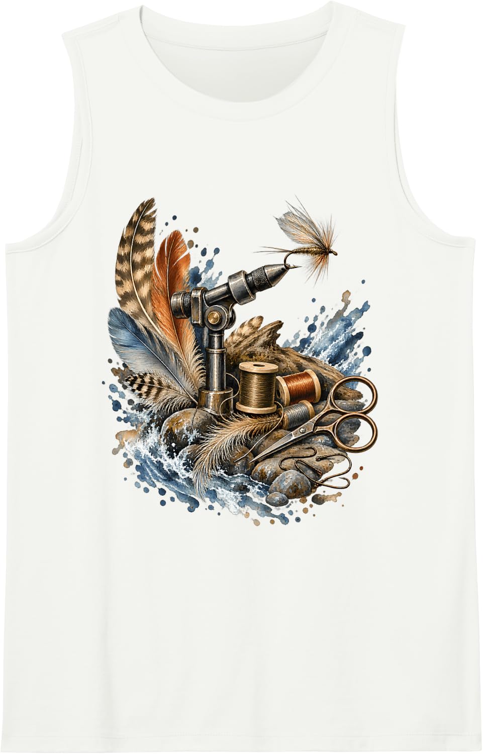 Fly Tying Vise Feathers Hooks Trout Fisherman Angler Sleeveless Tank Top - White
