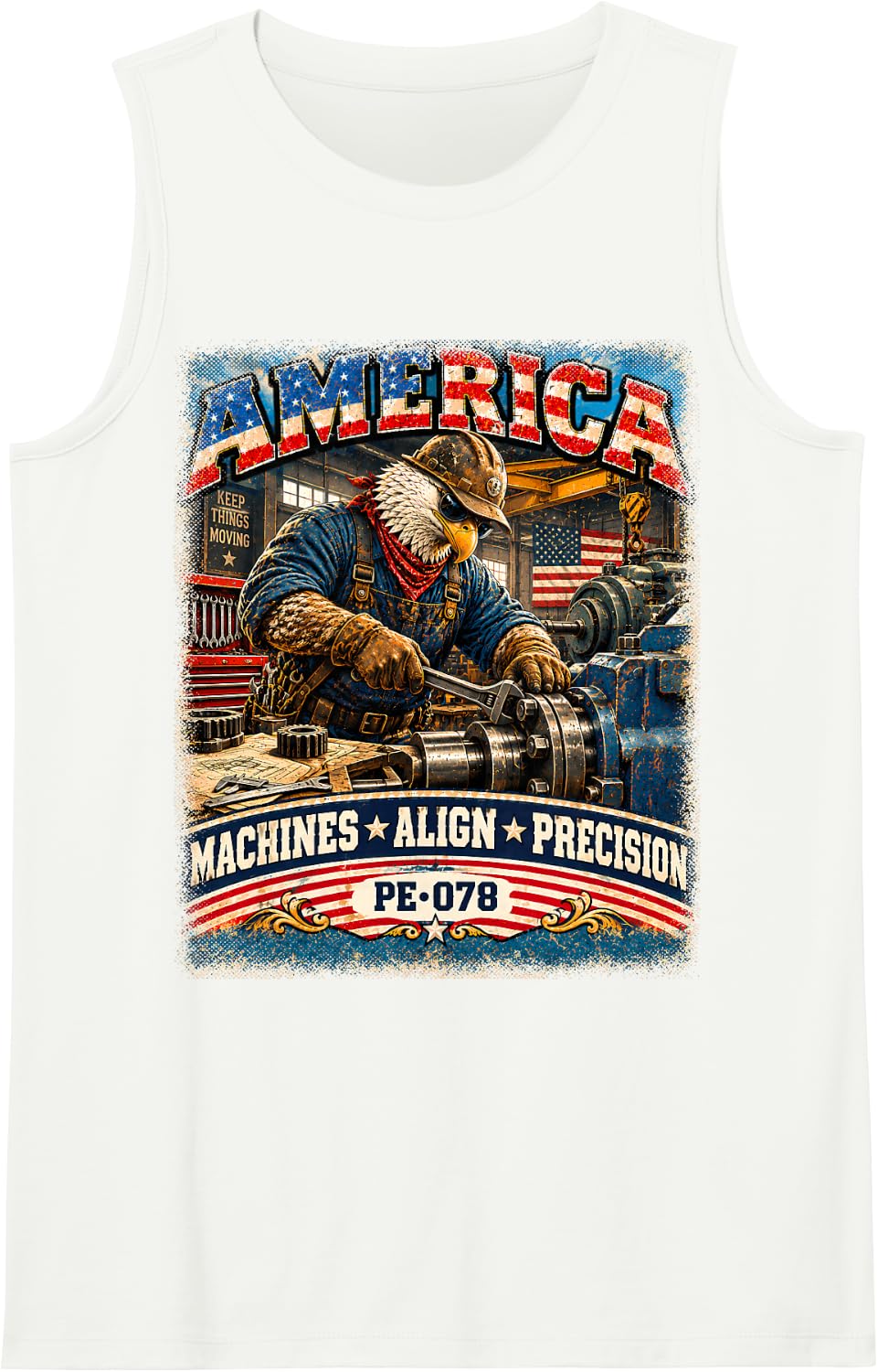 America | Machines Align Precision| Vintage Eagle Millwright Sleeveless Tank Top - White