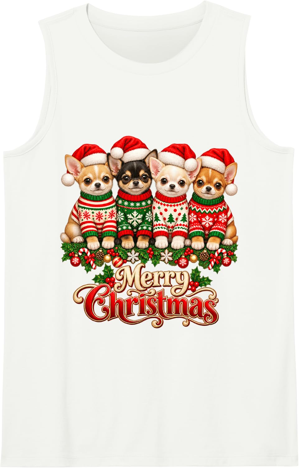 Merry Christmas Chihuahua Santa Hat Holiday Animal Lover Sleeveless Tank Top - White