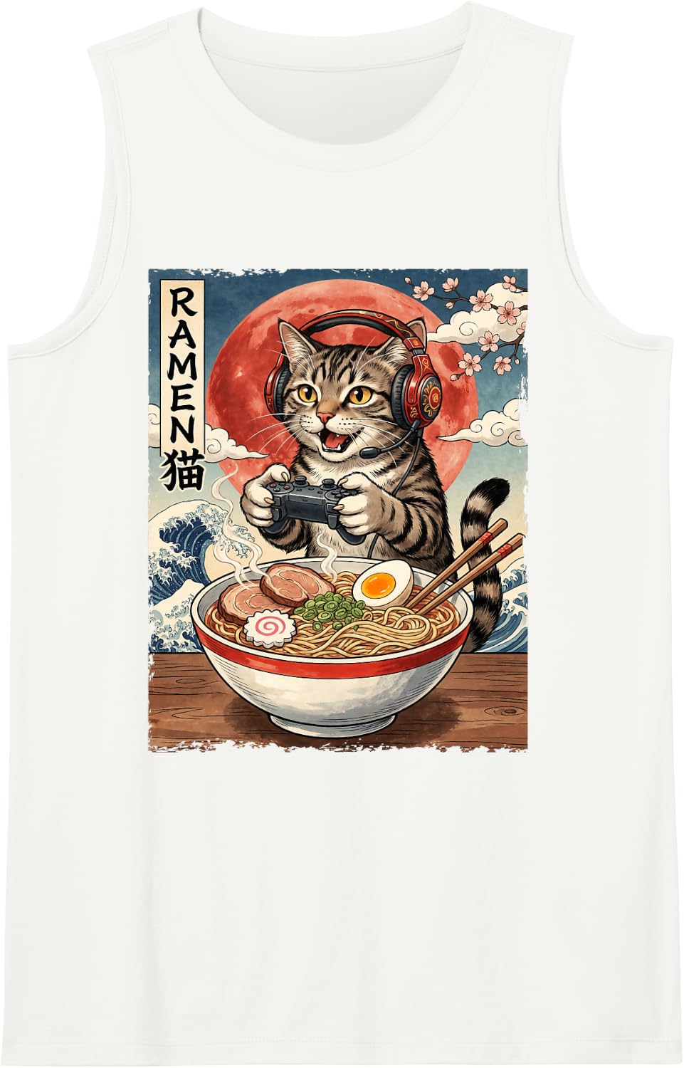 Retro Cat Ramen Japanese Kawaii Cat Anime Funny Graphic Sleeveless Tank Top - White