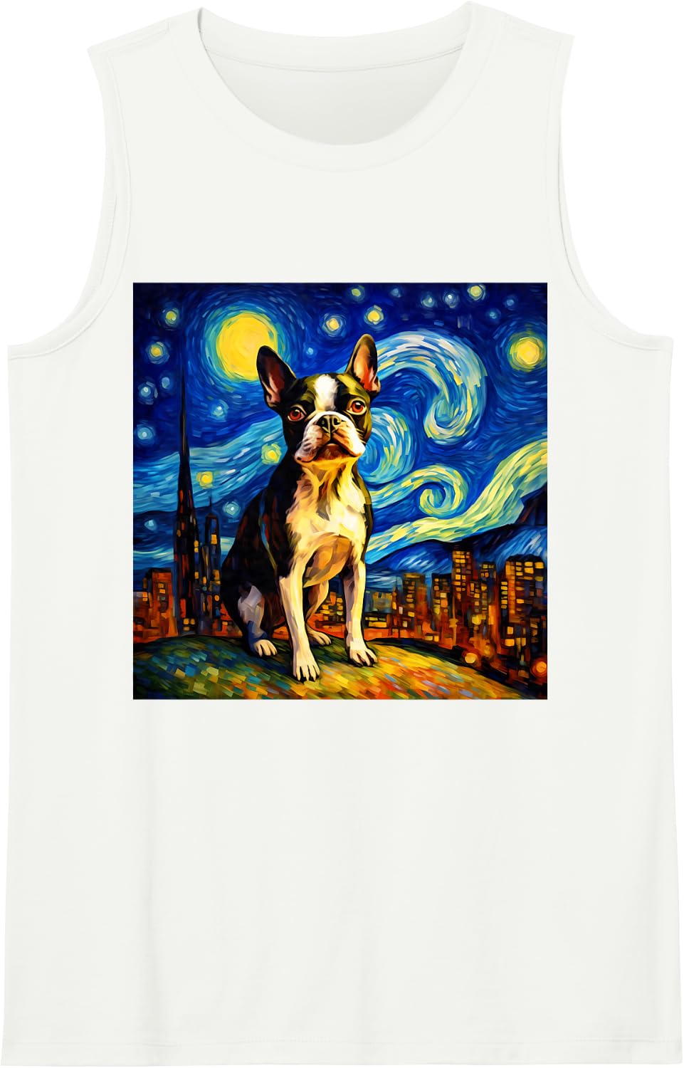 Surreal Starry Night Boston Terrier Dog Sleeveless Tank Top - White