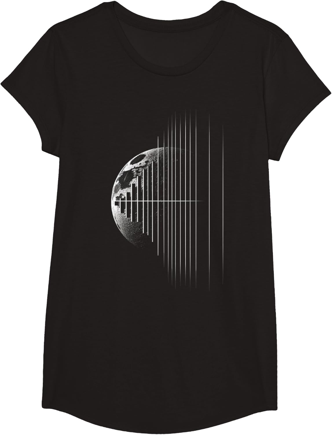 Moon Pixel Geometric Art Graphic Artwork Motif T-Shirt - Girls Black