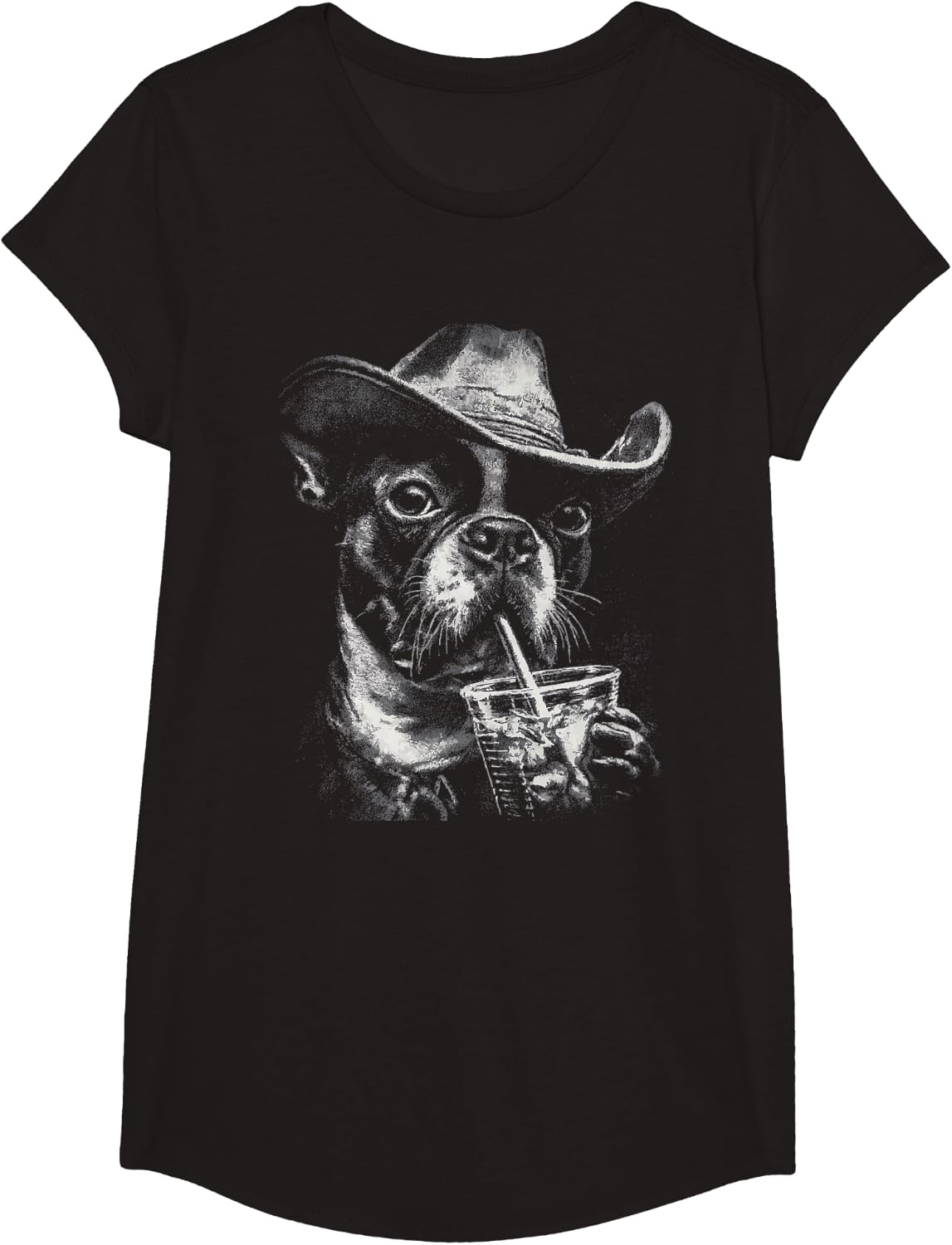 Rustic Boston Terrier with Iced Coffee Cowboy Dog Western T-Shirt - Girls Black