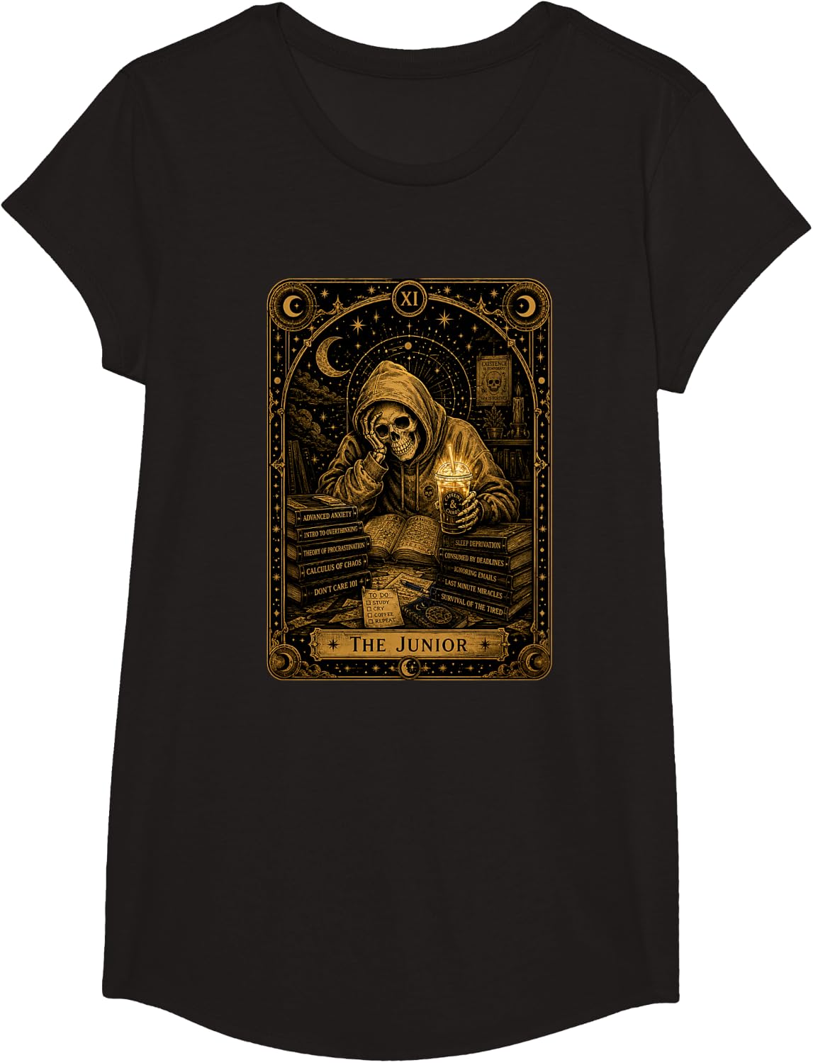 The Junior Funny Tarot Card Skeleton School 11th Grade T-Shirt - Girls Black